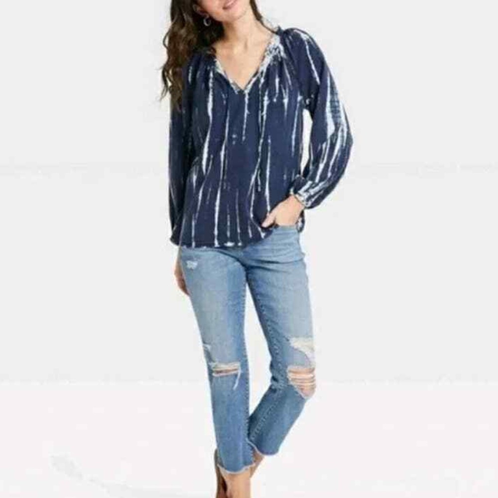 Knox Rose Women's XL Blue Tie Dye Blouse Ruffle Split Neckline Boho Peasant LS - Picture 13 of 13